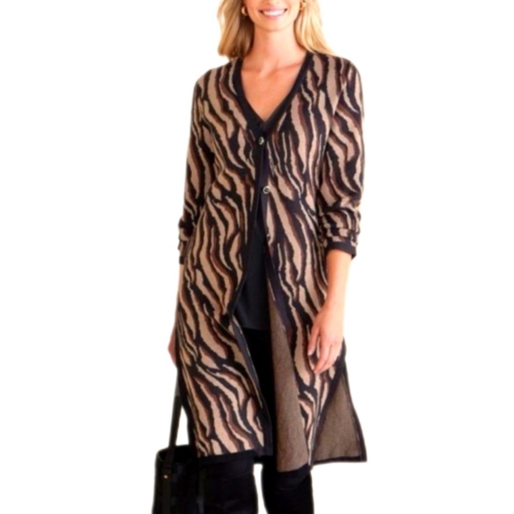Soft Surroundings Veronica Jacquard Neutral Animal Brown Cardigan Size M